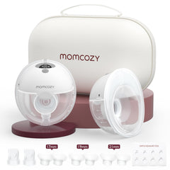 Momcozy M5 hands-free wearable pump in use under clothing for multitasking pumping.
