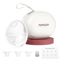 Momcozy M6 wearable pump shows discreet fit under clothing for hands-free pumping.