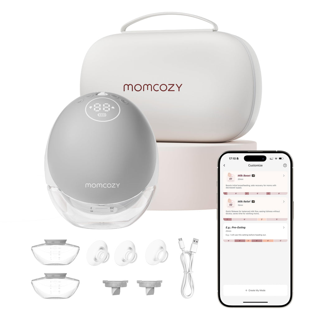 Momcozy M9 upgraded mobile flow pump gray front view for discreet hands-free pumping.