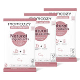 Momcozy natural breast pump wipes outer pack shows a convenient three-pack for on-the-go cleaning