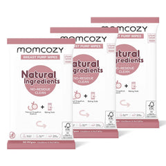 Momcozy natural breast pump wipes outer pack shows a convenient three-pack for on-the-go cleaning