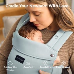Momcozy newborn carrier silver grey waist support demonstrates stable weight distribution during wear.