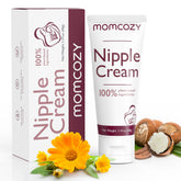 Momcozy nipple cream bottle close-up showing plant-based formula for nursing comfort