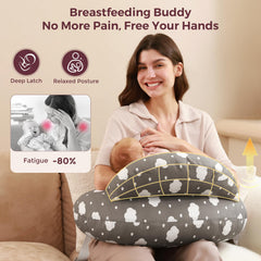 Momcozy Original nursing pillow with adjustable waist strap securing a comfortable fit.