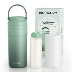 Momcozy portable breast milk cooler in travel setup keeps milk fresh on the go.