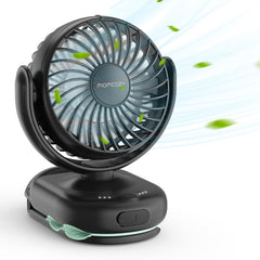 Momcozy portable clip fan attached to stroller canopy for on-the-go cooling.