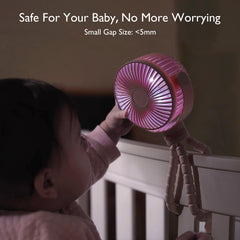 Momcozy portable stroller fan baby-safe-gap highlights safe design around little fingers.