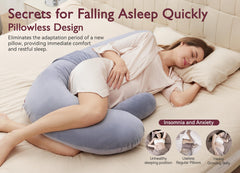 Momcozy F-shaped pillow beside a sleeping mom-to-be for restful nights