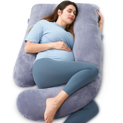 Momcozy pregnancy pillow in U-shaped grey offers full-body support for side sleeping.