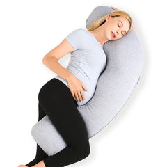 Momcozy J-shaped pregnancy pillow front view offers full-body comfort.