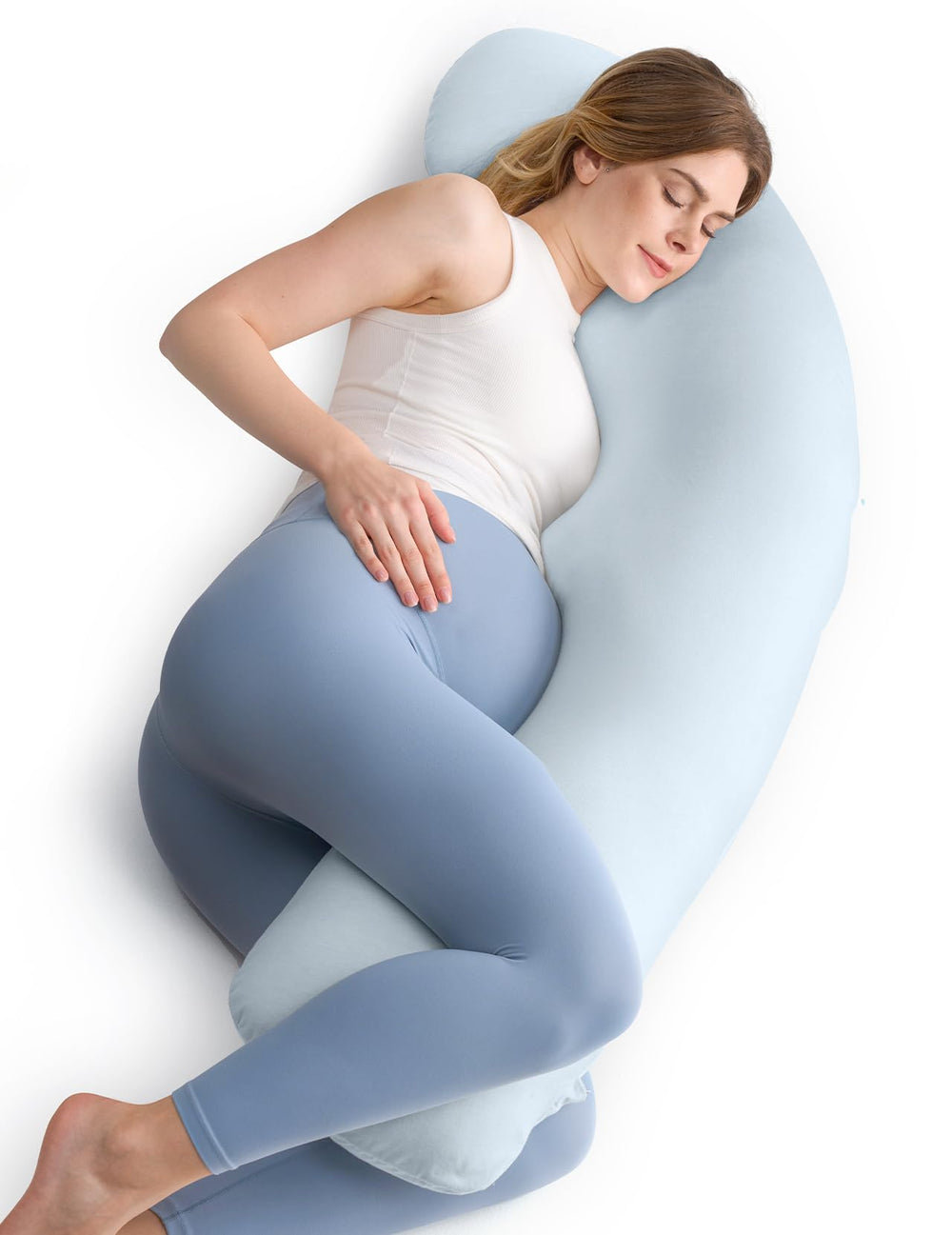 Momcozy blue J-shaped pregnancy pillow supports side sleeping for comfort.