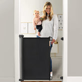 Momcozy retractable gate shows 33-inch height for safe play areas.