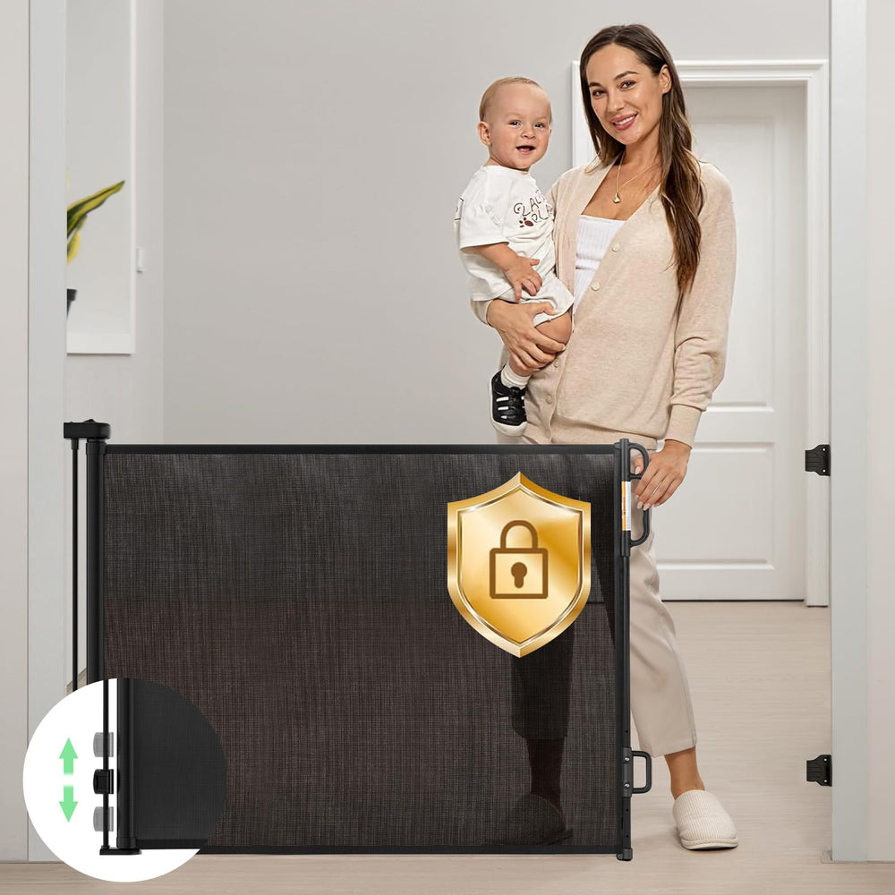 Momcozy retractable gate extended to 55 inches for wide doorway openings.