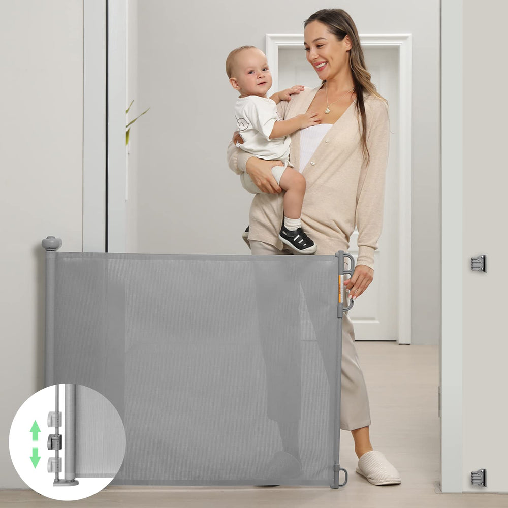 Momcozy retractable gate wide opening demonstrates easy passage for kids and pets.