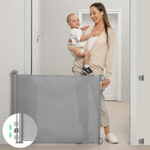 Momcozy retractable gate wide opening demonstrates easy passage for kids and pets.