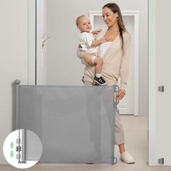 Momcozy retractable gate wide opening demonstrates easy passage for kids and pets.