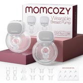 Momcozy S9 Pro wearable breast pump left worn shows discreet hands-free pumping for busy moms.
