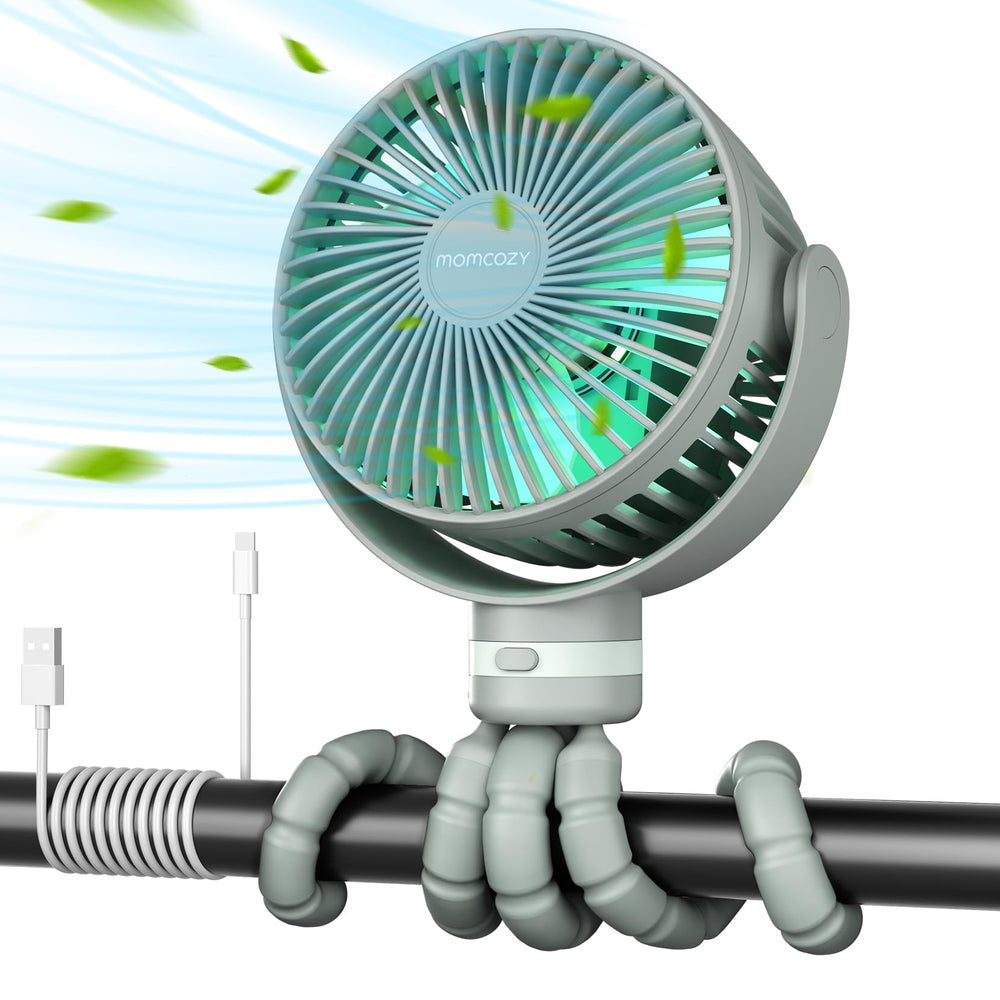 Momcozy stroller fan compact head provides targeted cooling for on-the-go use.