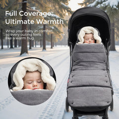 Momcozy stroller footmuff universal back view shows secure placement during walks