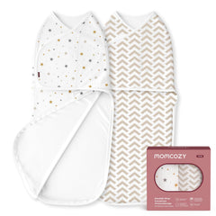 Momcozy swaddles two-step wrap demonstrates quick secure setup for newborn sleep.