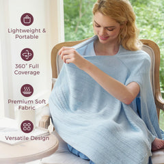 Momcozy Ultra-Light Nursing Cover blue on-model demonstrates breathable coverage for calm feeding