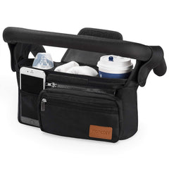 Momcozy universal stroller organizer with cup holders keeps drinks secure during strolls.