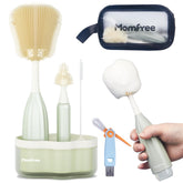 Momfree baby bottle brush set demonstrates foam action for dense cleaning on bottles