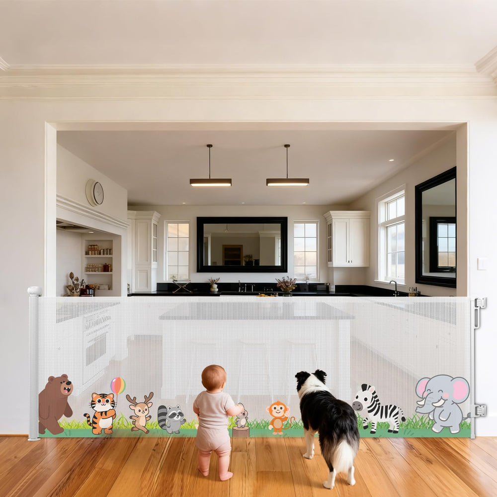 Momfree retractable gate at doorway showing secure closure for kids and pets.