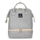 MOMIGO breast pump backpack grey shows dual-layer cooler top layer for dry items.