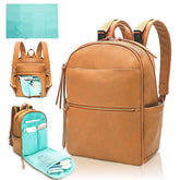 MomInside diaper bag backpack front view highlights vegan leather durability and quick-access pockets for moms.
