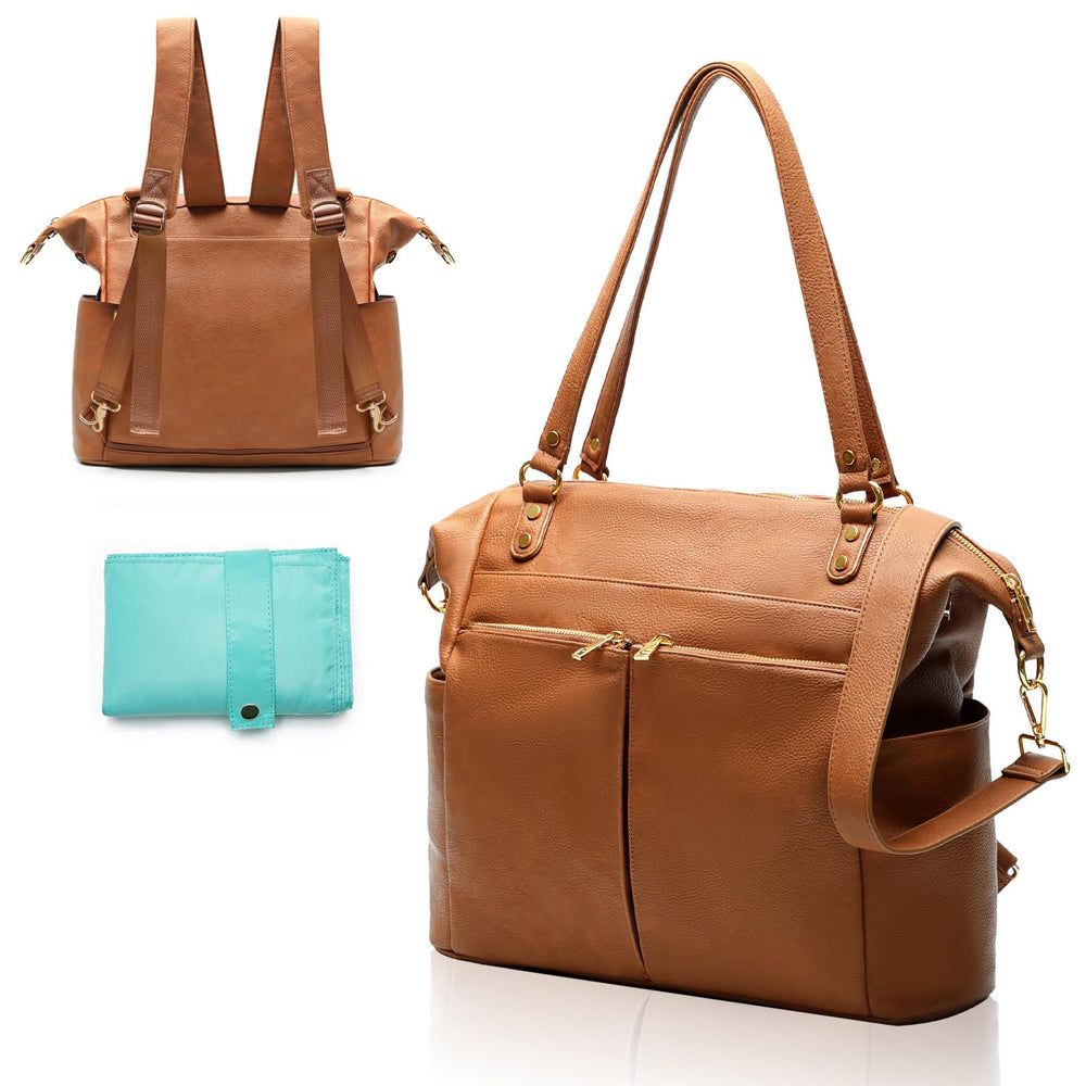 MOMINSIDE diaper bag tote front view showing 13 pockets for organized baby essentials.
