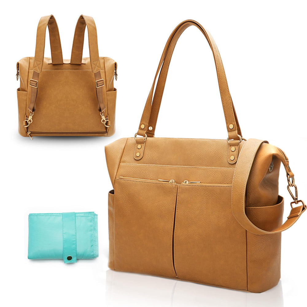 MOMINSIDE Diaper Bag Tote front view Biscuit highlights durable vegan leather for stylish everyday use