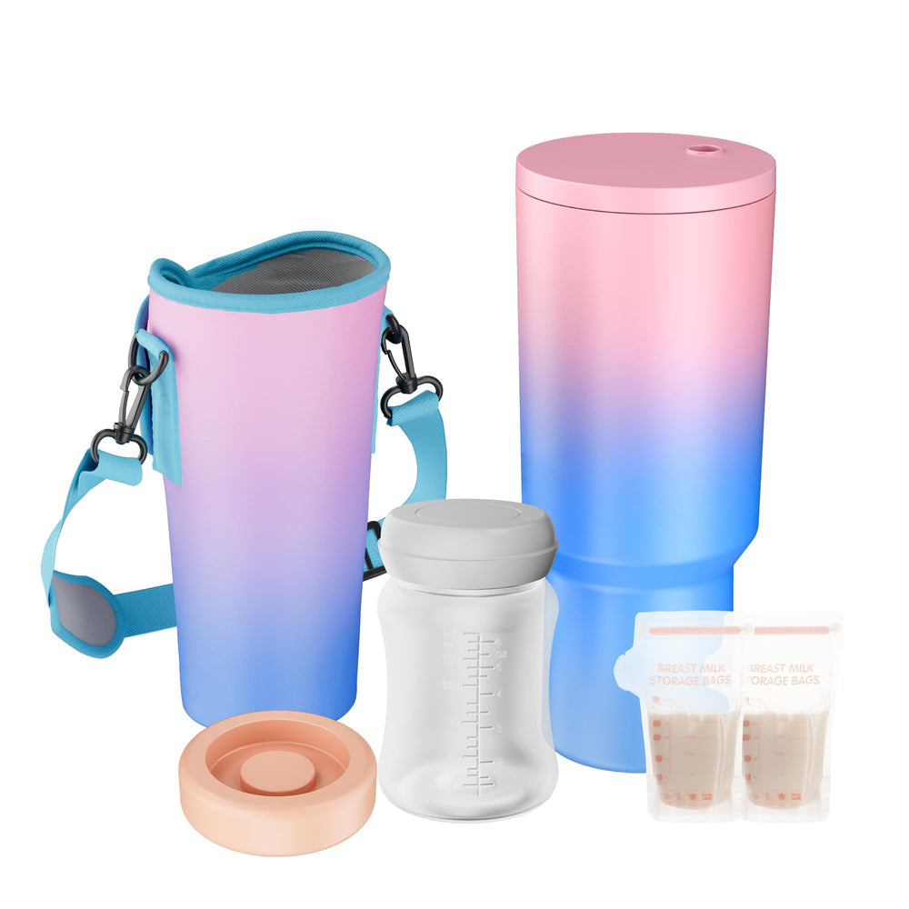 MOMJOY 40oz cooler outer provides portable milk storage on the go.