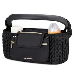 mommore stroller organizer front view showing roomy compartments for bottles and toys.