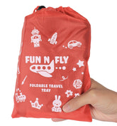 Mommy Brain Creatives Fun N Fly Tray blue folded shows compact travel setup for easy storage