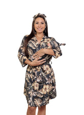 MOMMY O CLOCK maternity robe with golden leaves front view, stylish comfort.