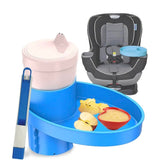 MommyMob Complete Travel Tray Kit blue setup shows quick cup-holder conversion for mess-free car meals.