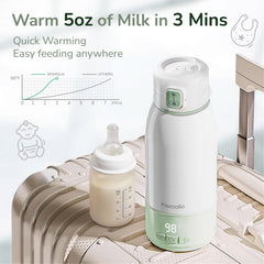 MOMOLIA portable milk warmer with pasteurization mode demonstrates safe heating at 149°F
