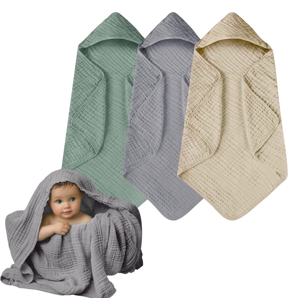 Momsnug muslin hooded towel pack front view for newborns and toddlers—soft and absorbent