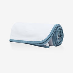 MOMS ON CALL swaddle blanket in calm blue folded, showing large 48x48-inch size for wrapping