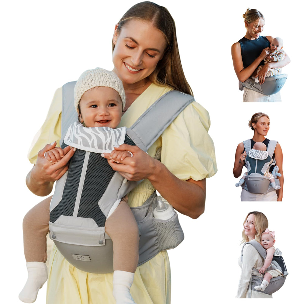 MOMTORY 6-in-1 hip-seat carrier grey supports growing baby comfortably