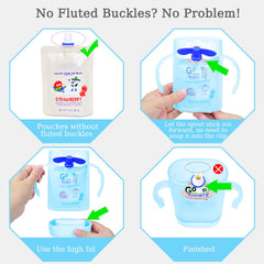 MOMUSE pouch holder grip-handle image highlights secure grip aiding self-feeding.
