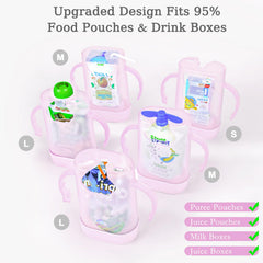 MOMUSE Dual-Lid Pouch Holder baby-hold view highlights easy-grip curved handle for small hands