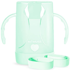 MOMUSE Dual-Lid Squeeze Pouch Holder clip close-up showing no-squeeze feeding.