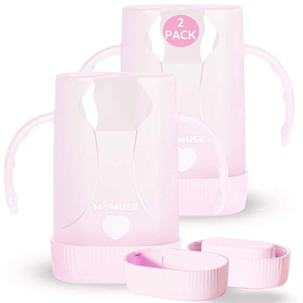 MOMUSE dual-lid pouch holder pink clip secures pouches to prevent spills during self-feeding
