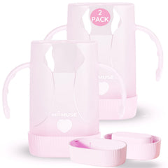 MOMUSE dual-lid pouch holder pink clip secures pouches to prevent spills during self-feeding