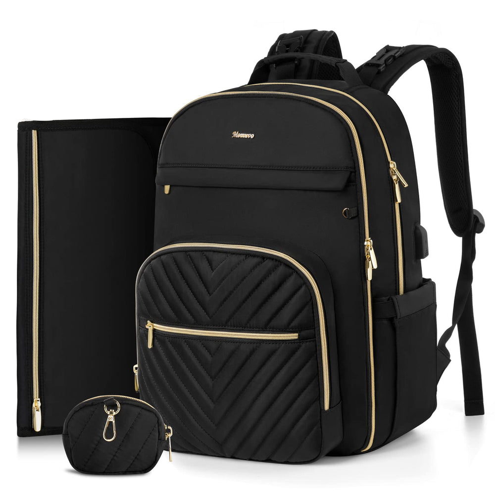 MOMUVO diaper bag backpack with folding changing pad for quick, on-the-go diaper changes.
