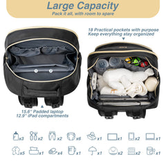 MOMUVO diaper bag backpack showing stroller straps for hands-free mobility.