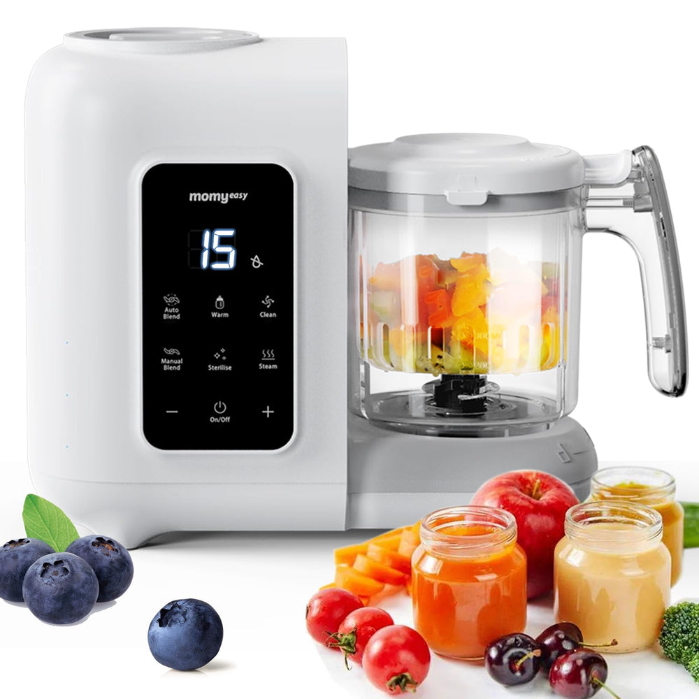 MOMYEASY baby food maker front view demonstrates all-in-one convenience for busy families.