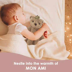 MON AMI Prince Teddy Bear Lovey on-the-go companion in stroller or car seat.